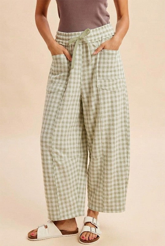 Olive Plaid Barrel Pants
