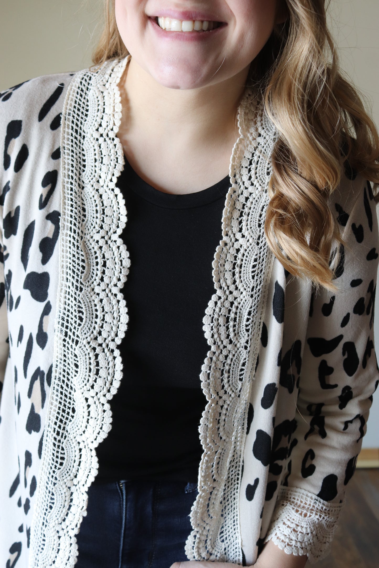 PLUS: 3/4 Sleeve Lace Trim Leopard Cardigan