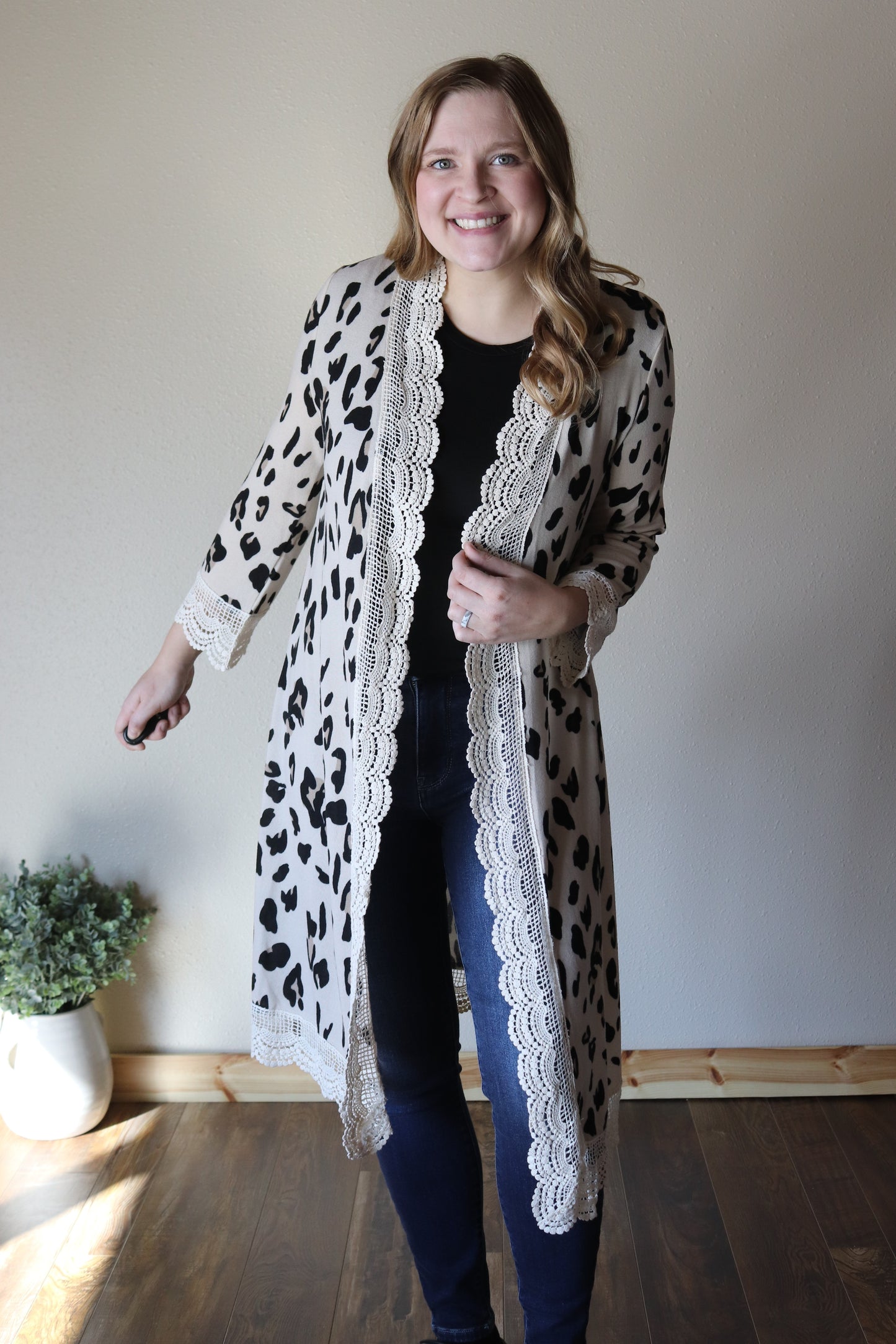 PLUS: 3/4 Sleeve Lace Trim Leopard Cardigan