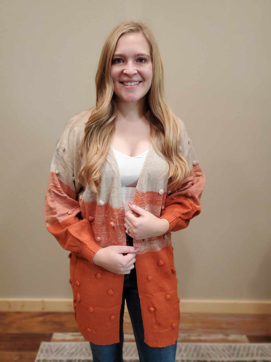 Orange to Tan Ombre Pompom Cardigan