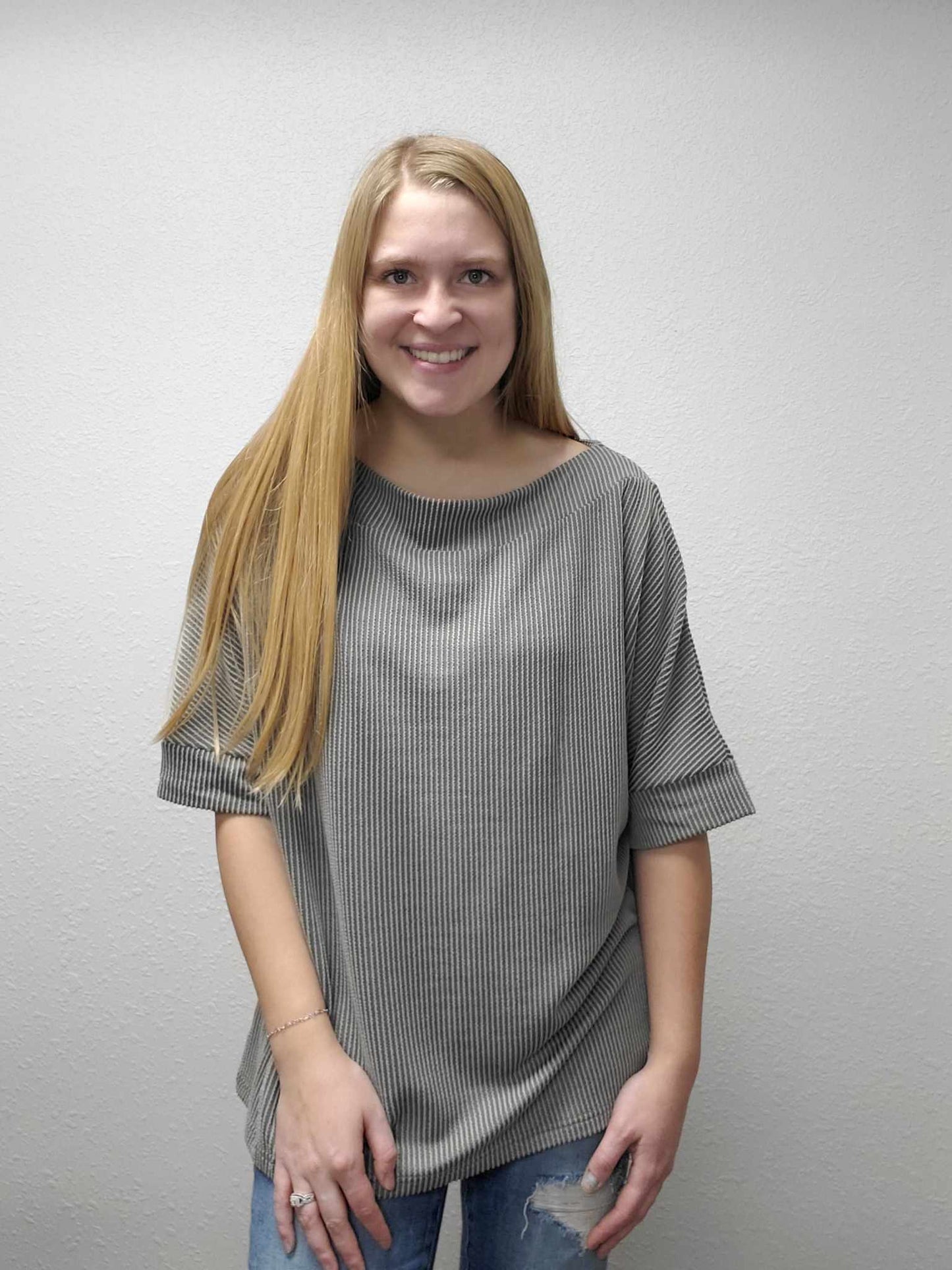 Gray Ribbed Boatneck Top