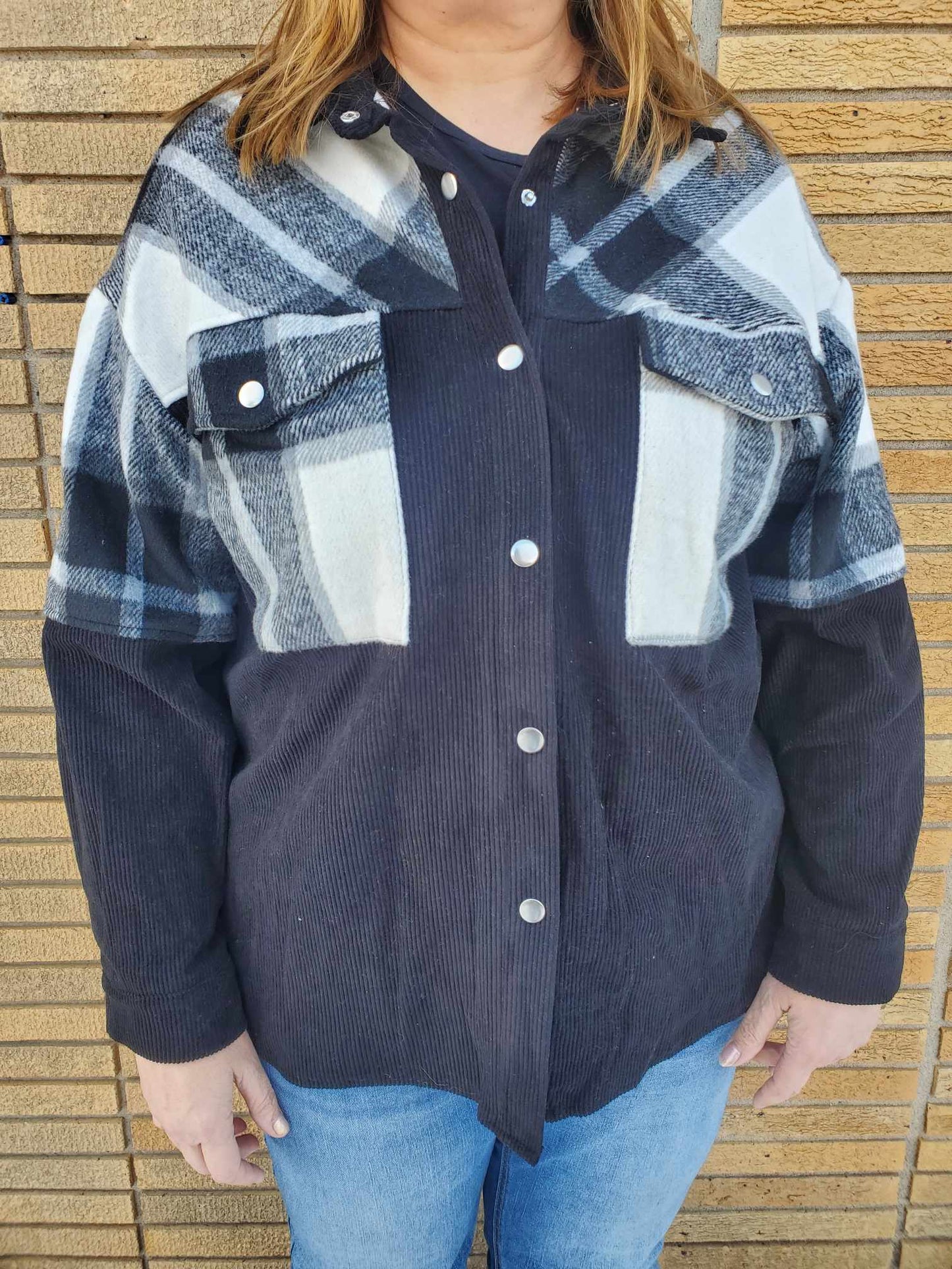 PLUS: Black Plaid Patchwork Corduroy Shacket