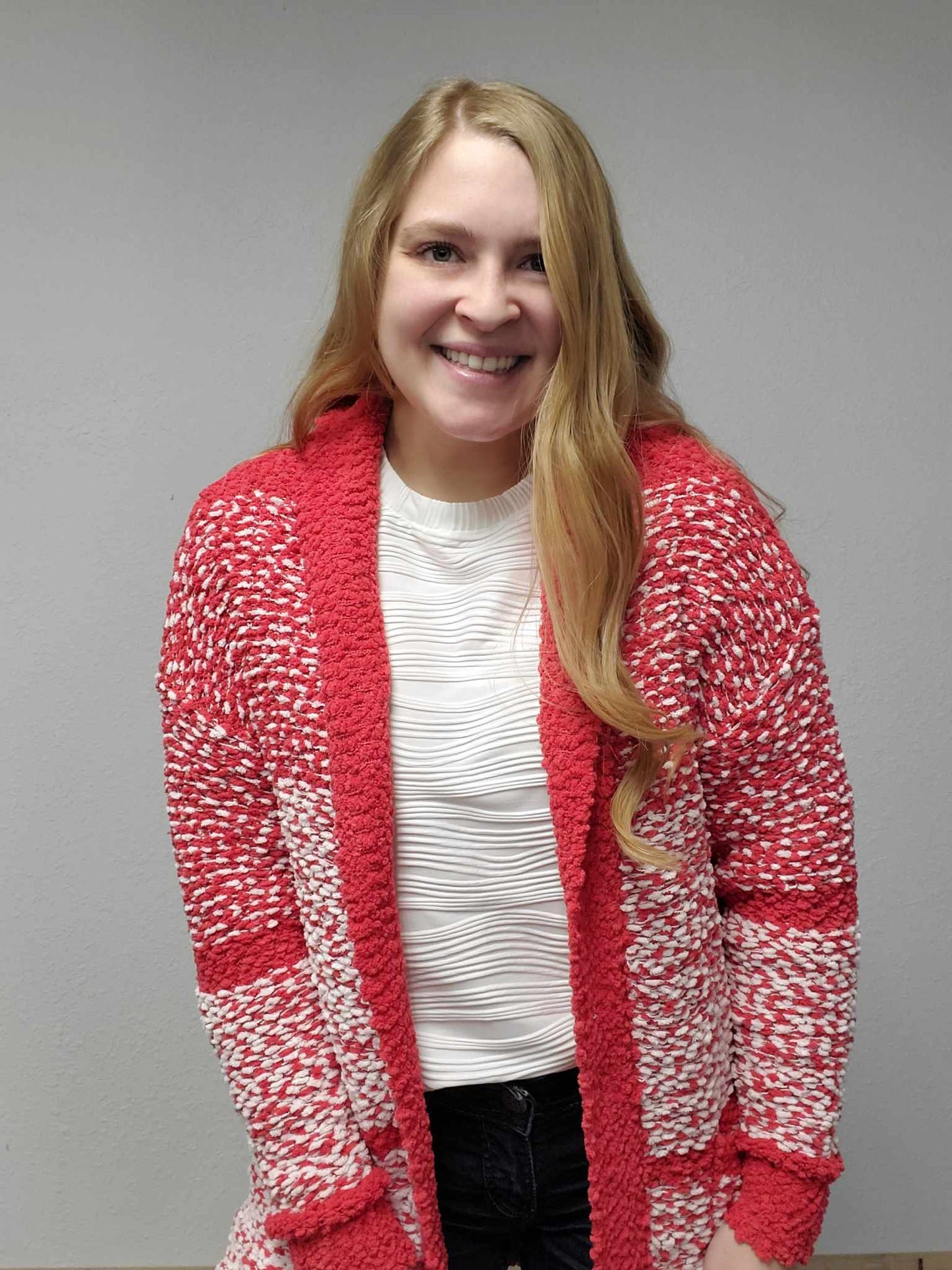 Red/White Popcorn Cardigan