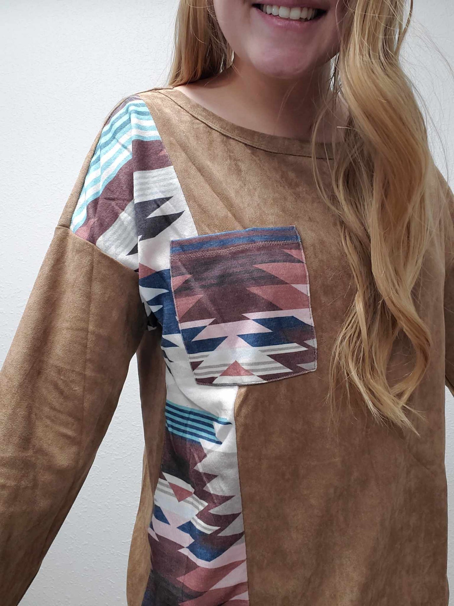 Brown Suede Aztec Block Long Sleeve Top