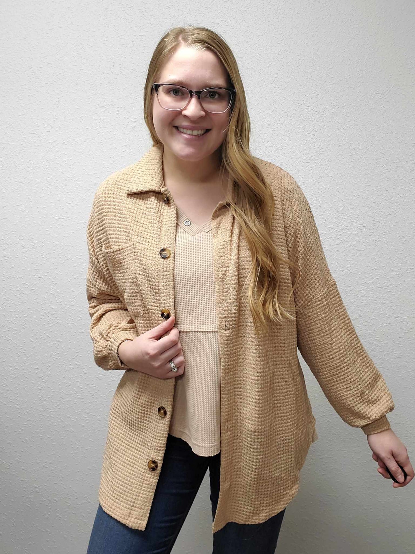 Khaki Waffle Knit Button Up