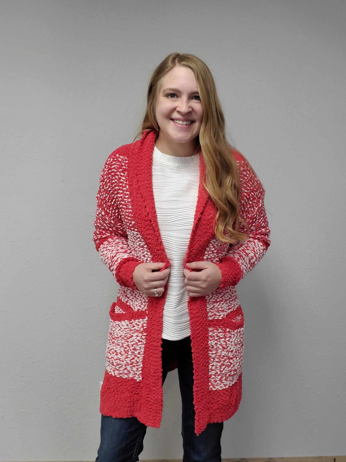 Red/White Popcorn Cardigan