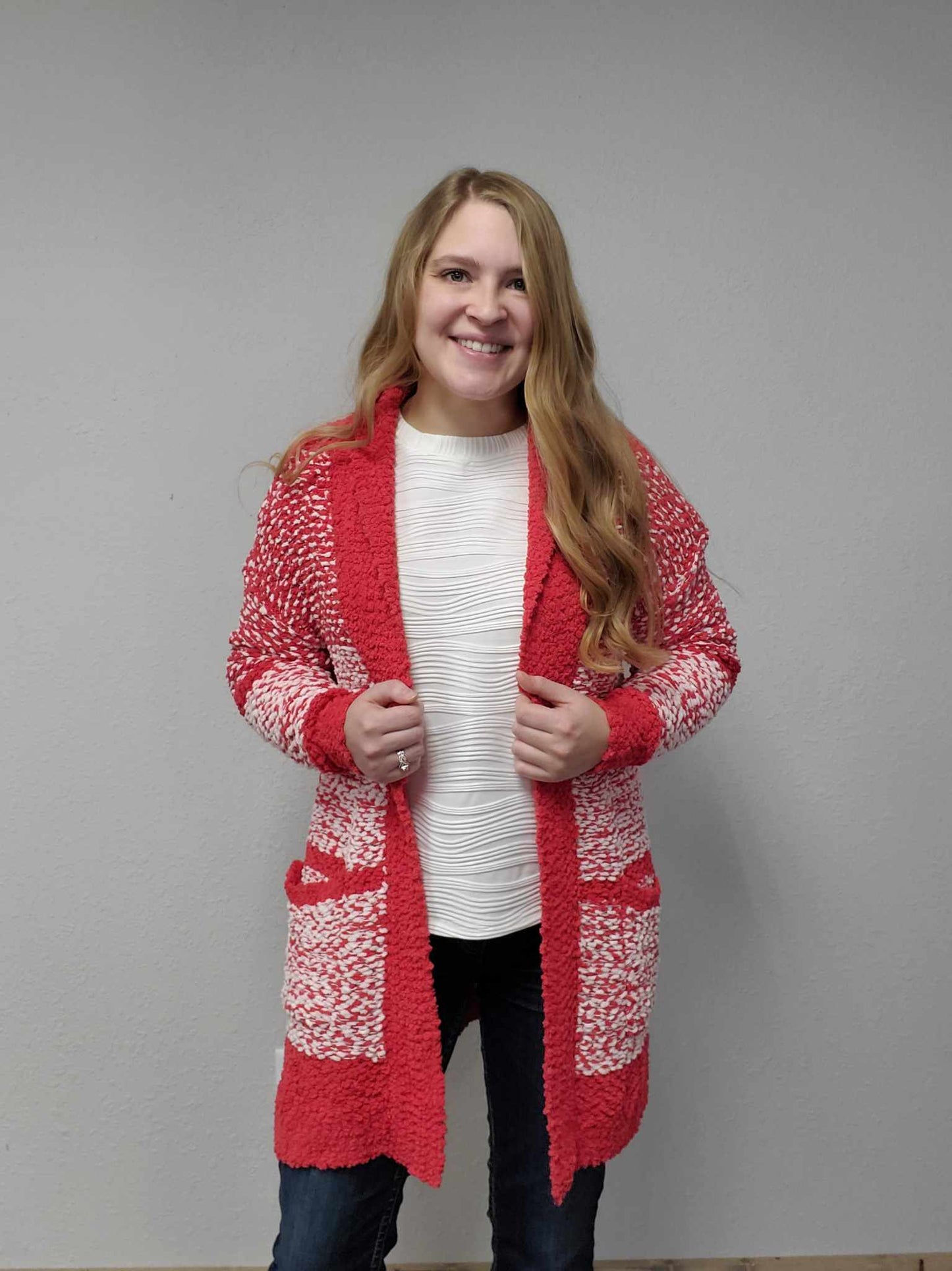 Red/White Popcorn Cardigan