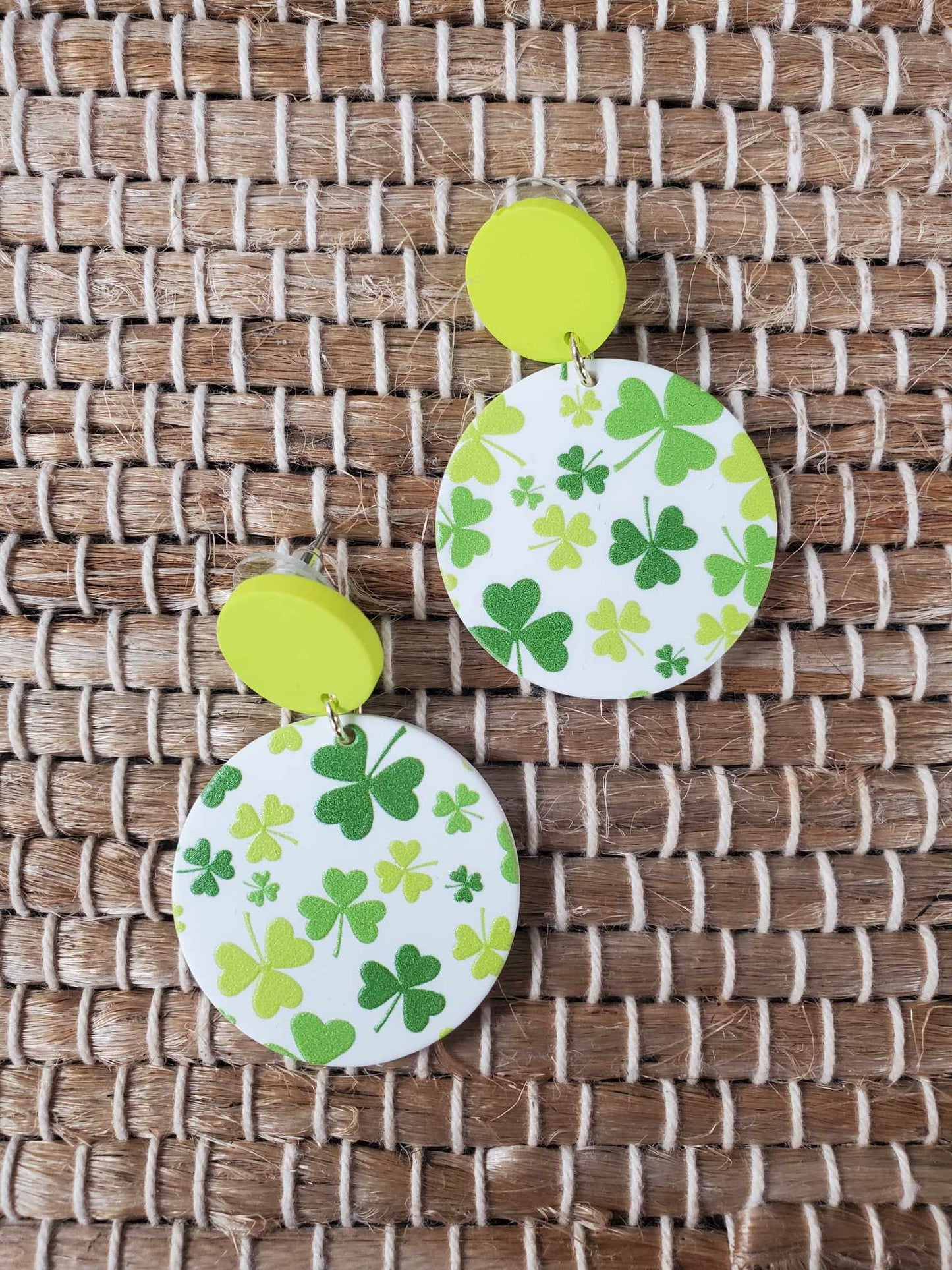 Bright Green Round Shamrock Earrings