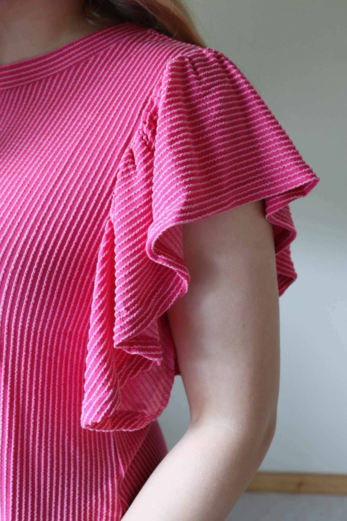 Pink Ribbed Flutter Sleeve Dress