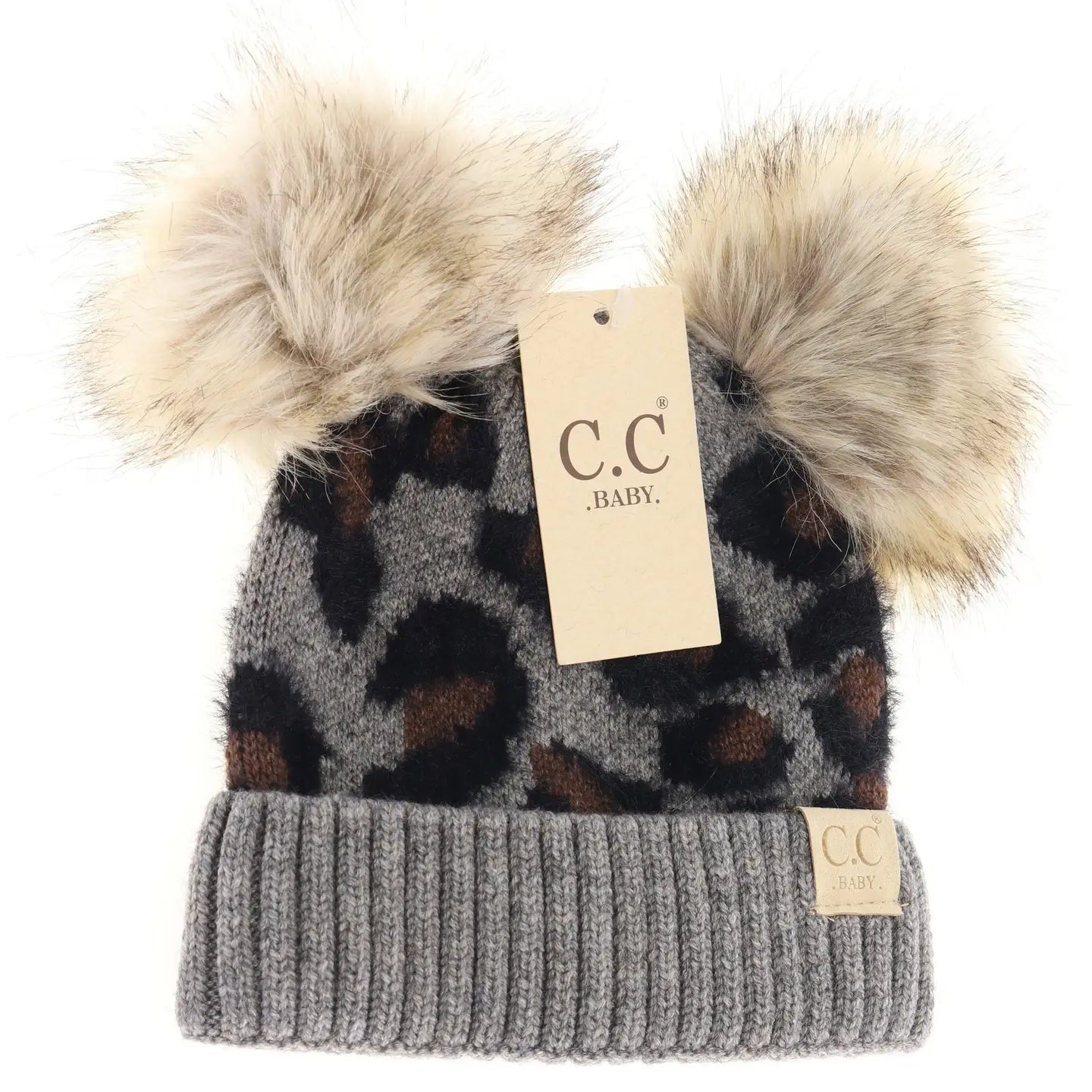 Baby Gray Leopard Double Pom CC Beanie