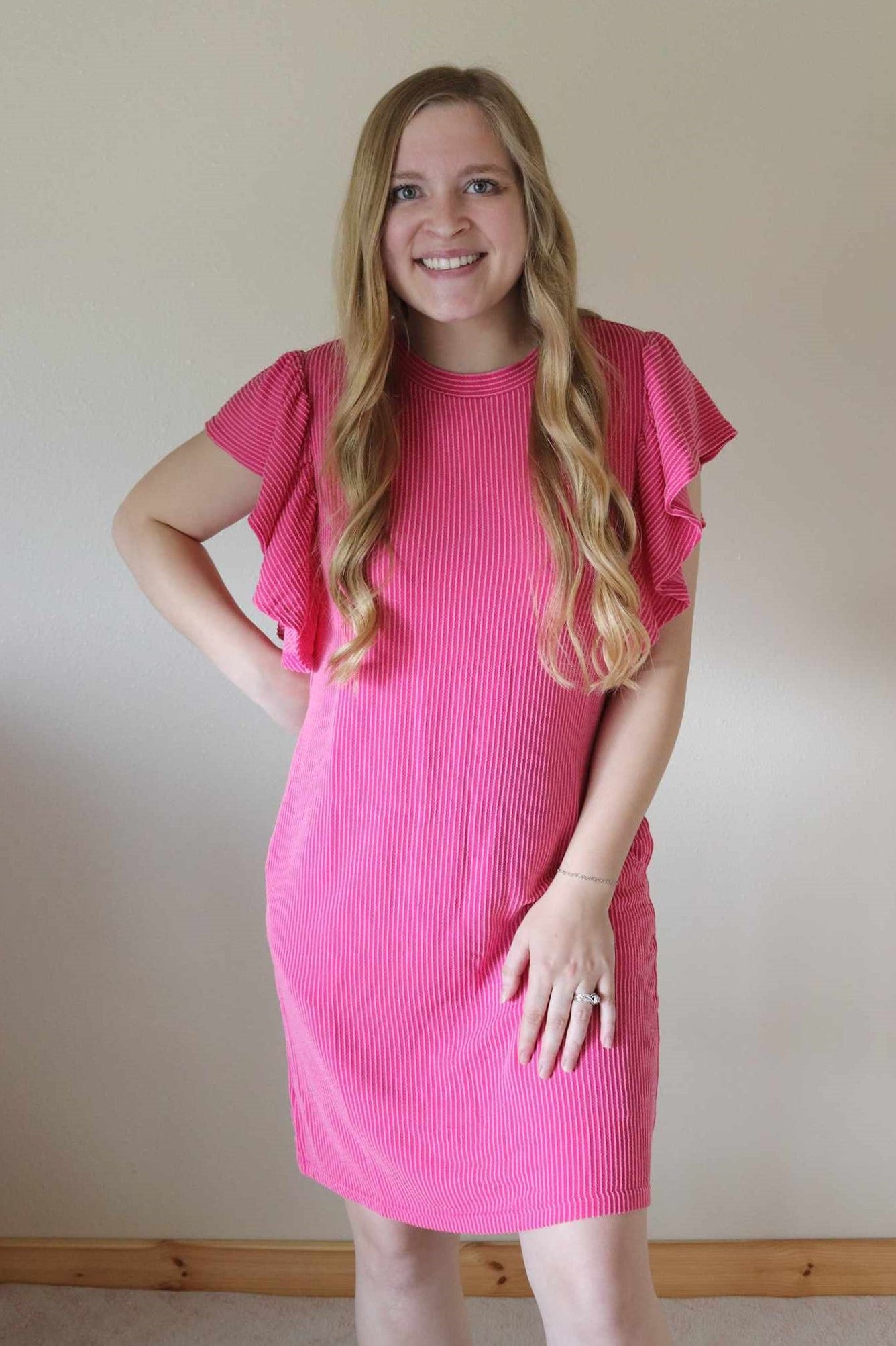 Pink Ribbed Flutter Sleeve Dress