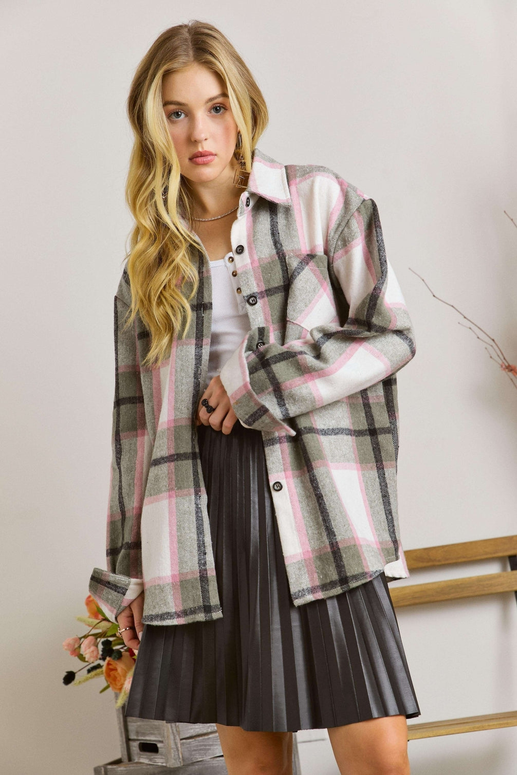 Olive/Pink Plaid Shacket