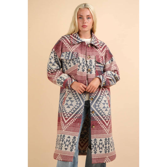 Burgundy Mix Long Aztec Shacket