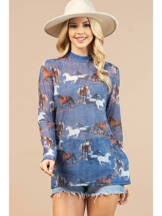 Denim Running Horses Mesh