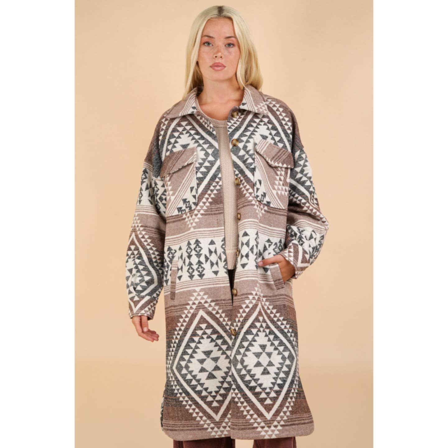 Taupe Mix Long Aztec Shacket