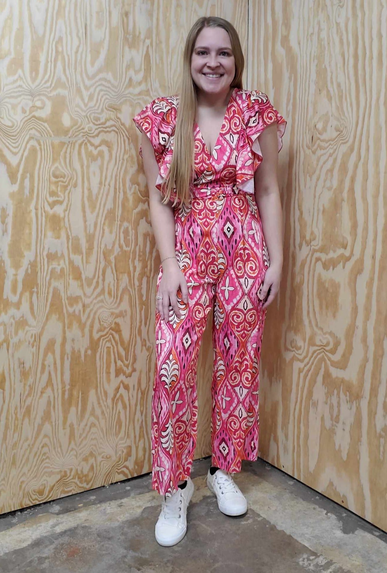 Red/Pink Geometric Wide Leg Jumpsuit