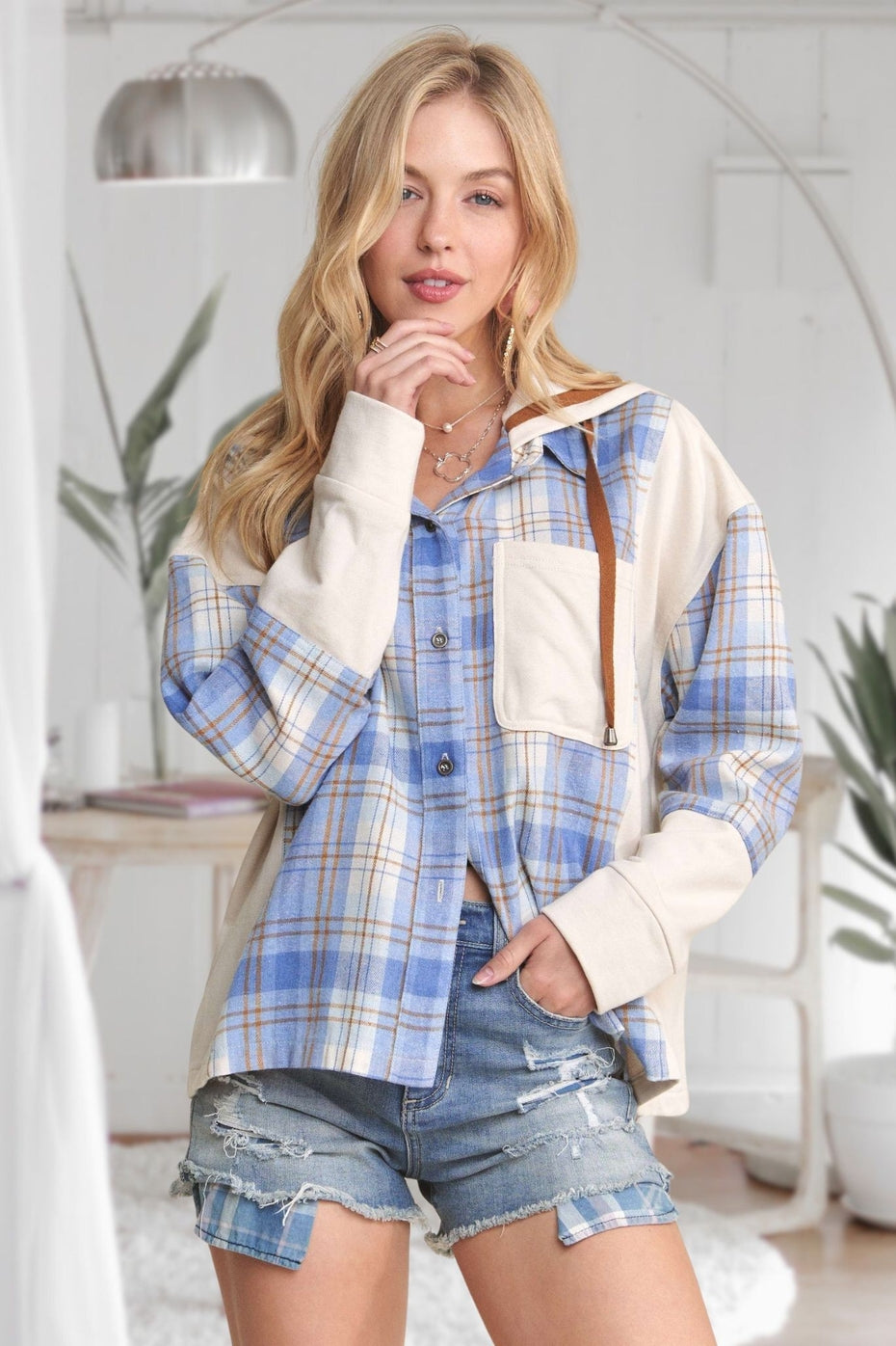 Blue/Ivory Hooded Button Up