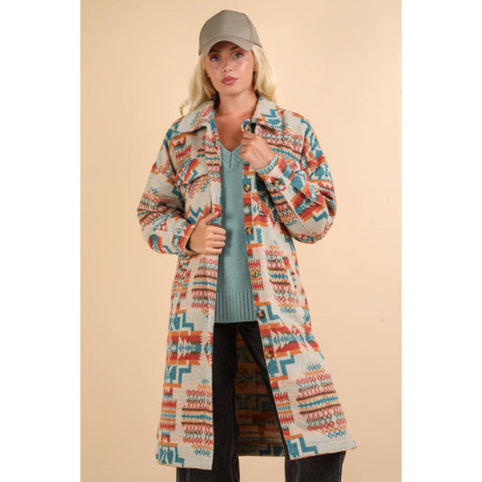 Teal Mix Long Aztec Shacket