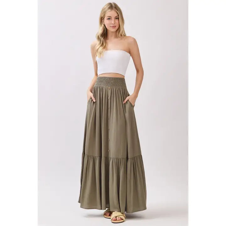 Olive Tiered Maxi Skirt