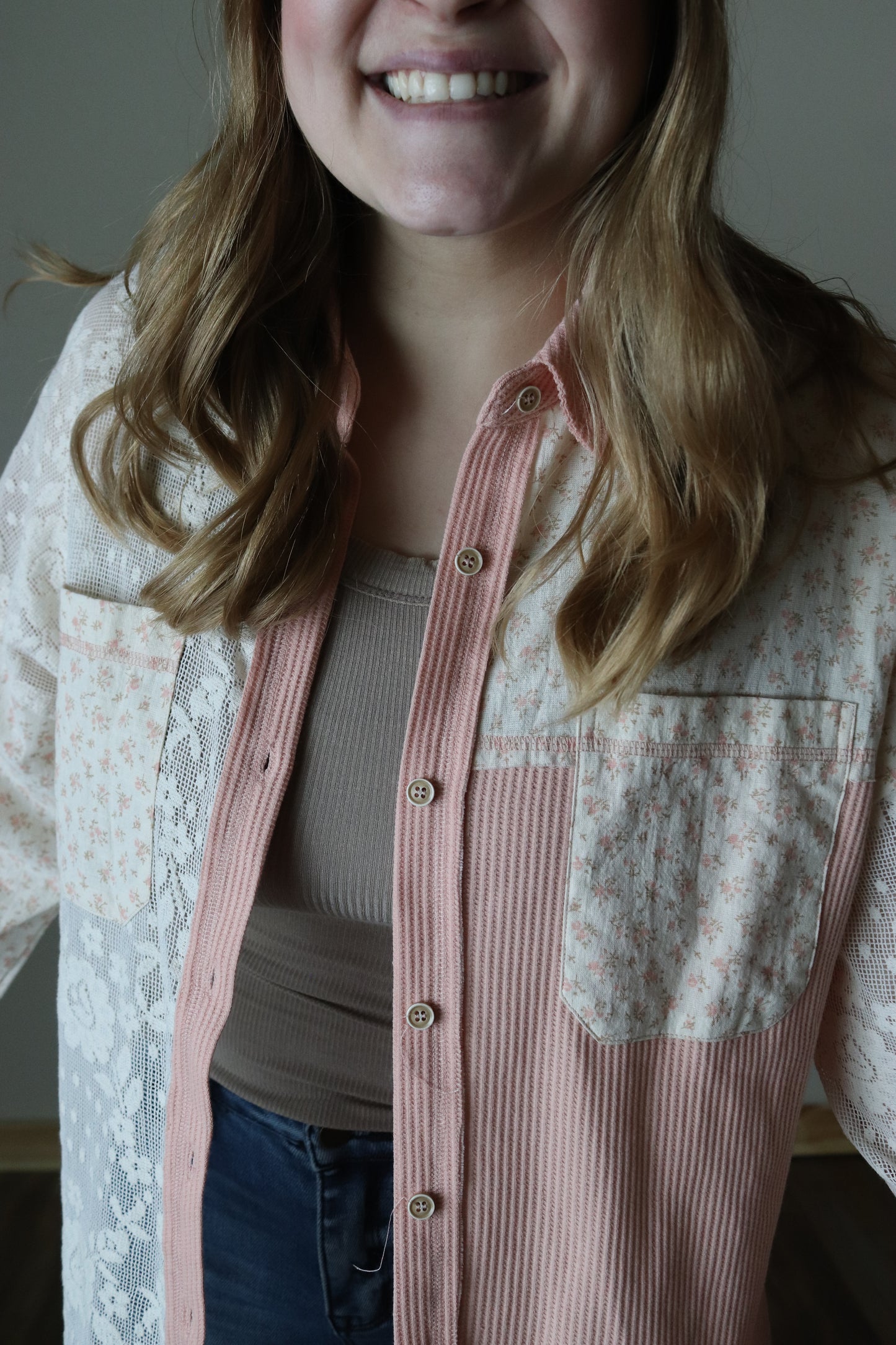 Blush Lace Patchwork Button Down