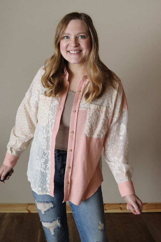 Blush Lace Patchwork Button Down
