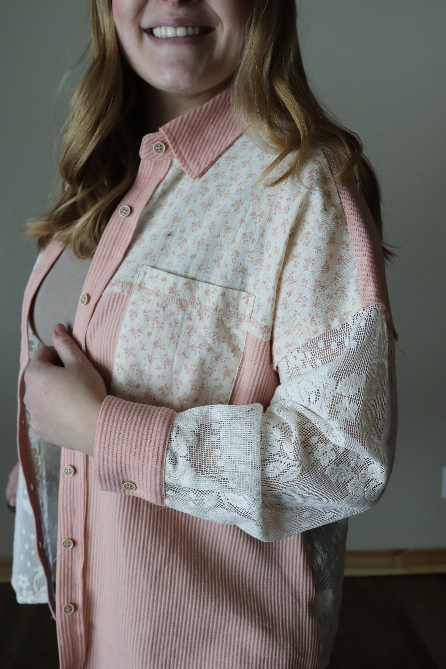 Blush Lace Patchwork Button Down