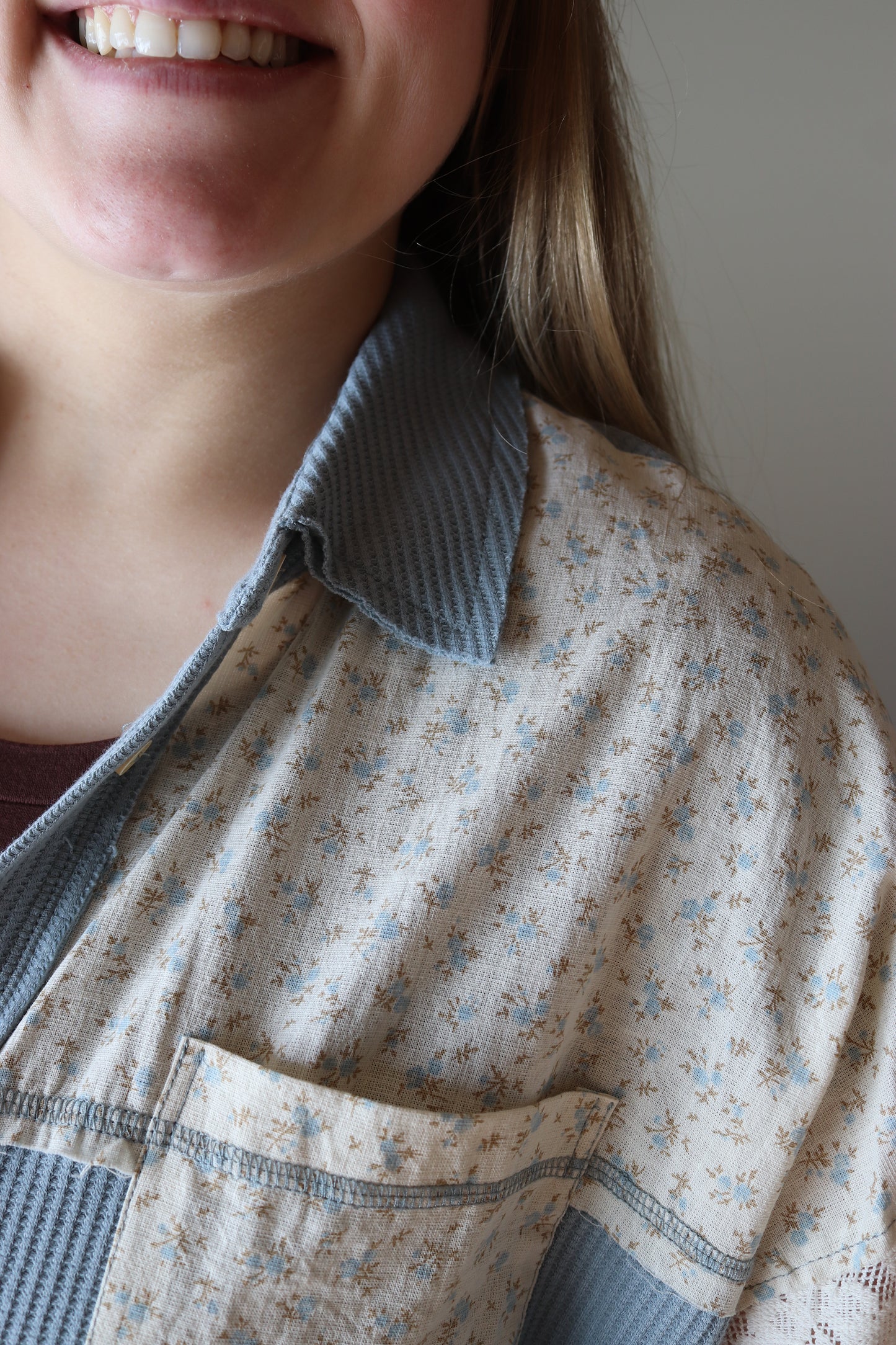 Dusty Blue Lace Patchwork Button Down