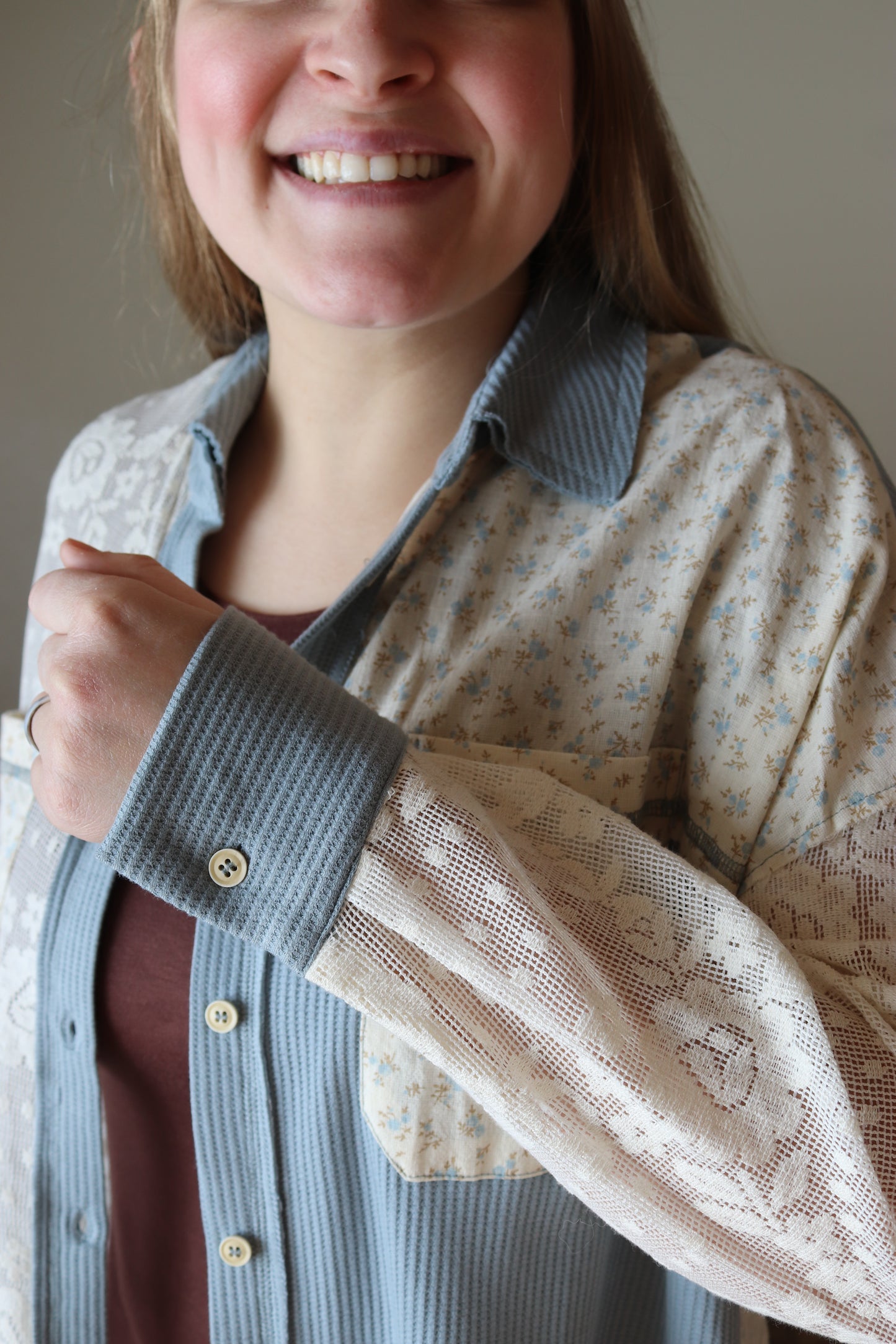 Dusty Blue Lace Patchwork Button Down