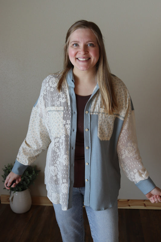 Dusty Blue Lace Patchwork Button Down