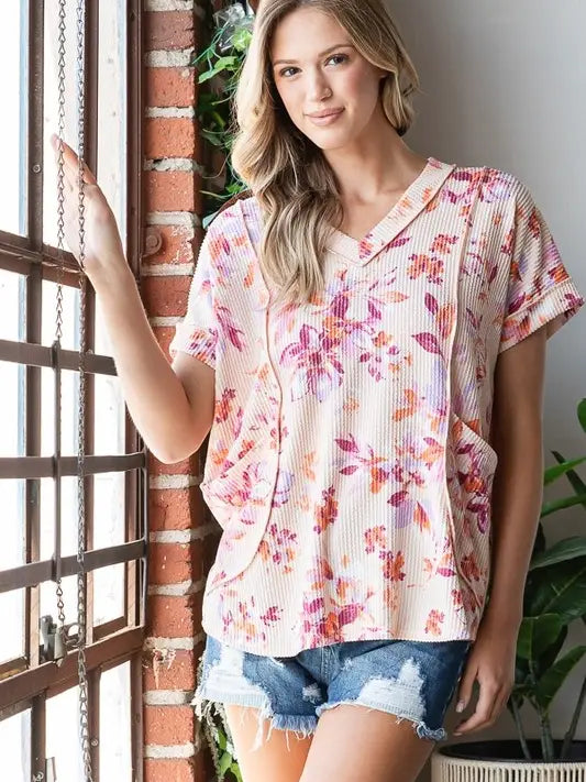 Peach Floral Ribbed Top