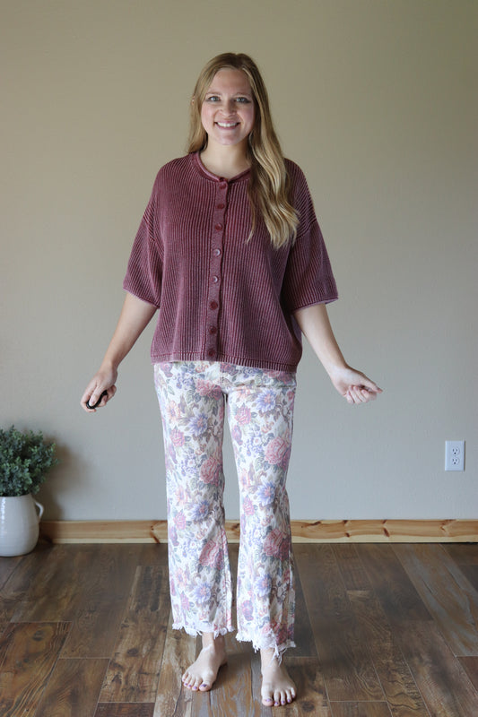 Burgundy Short Sleeve Cardigan