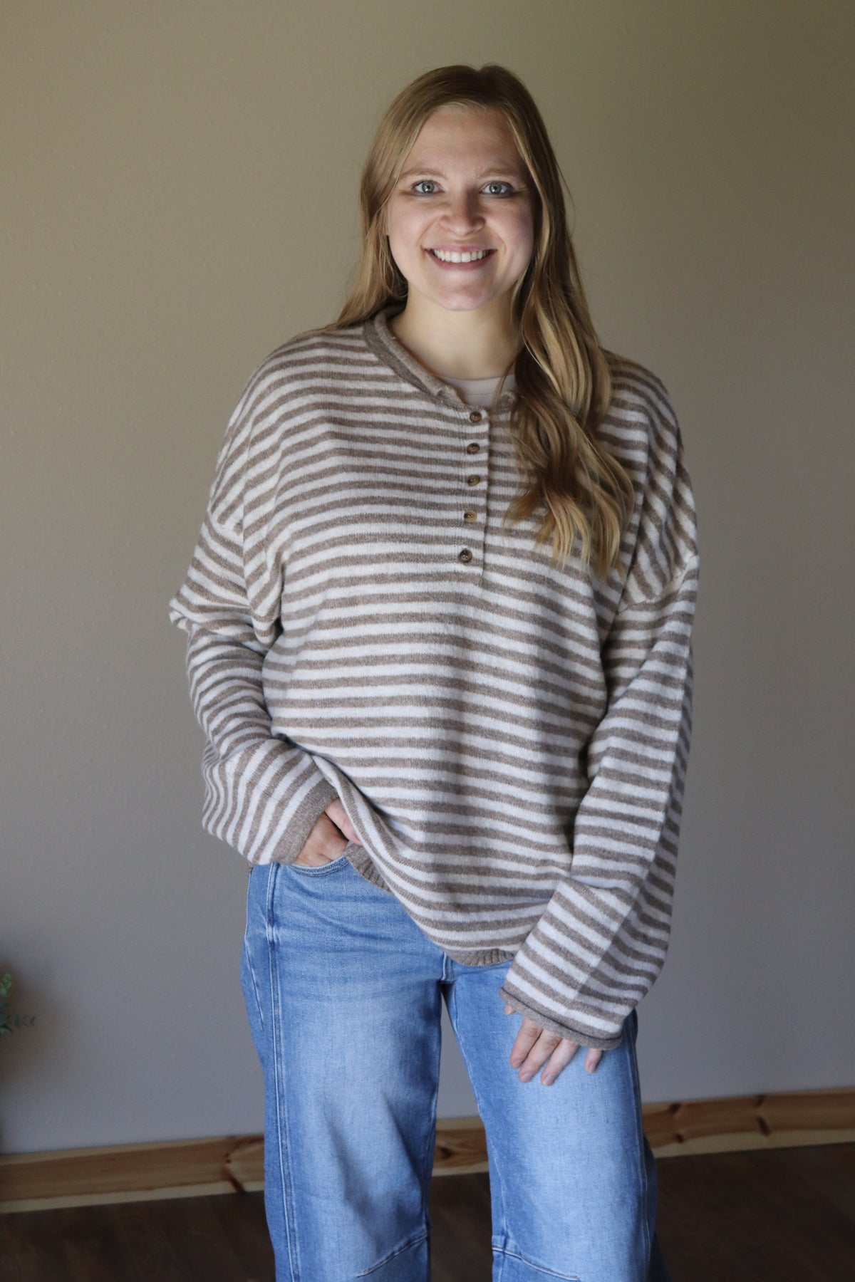 Mocha Striped Henley Sweater