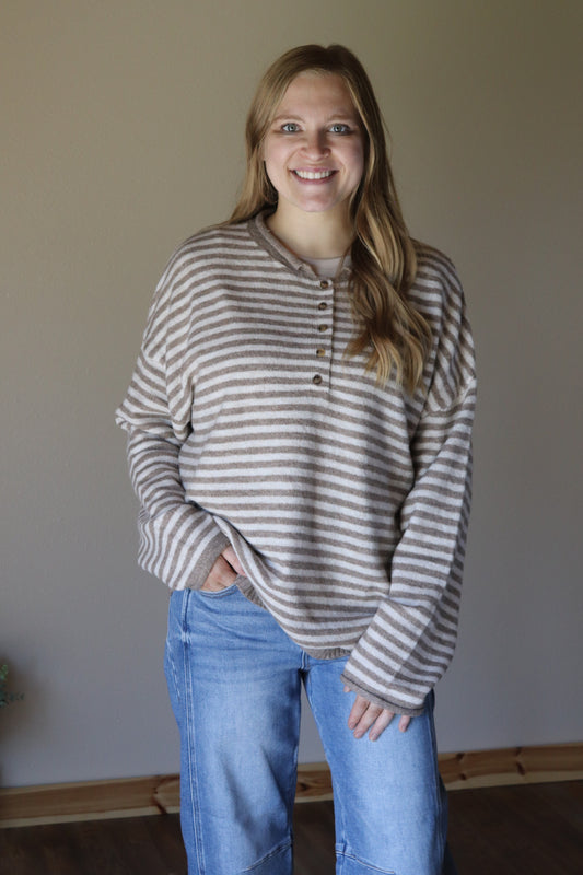 Mocha Striped Henley Sweater