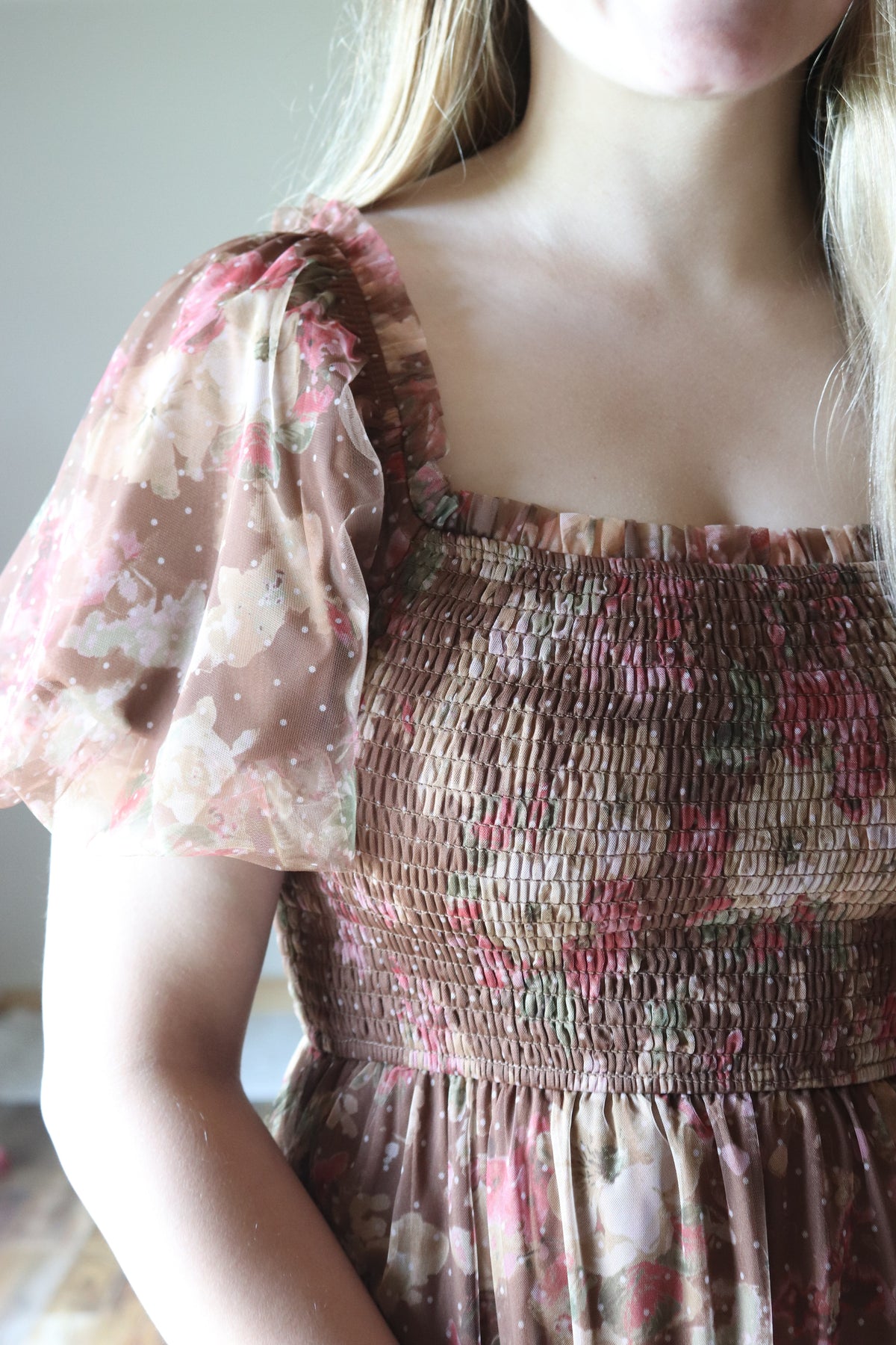 Brown Floral Puff Sleeve Midi Dress