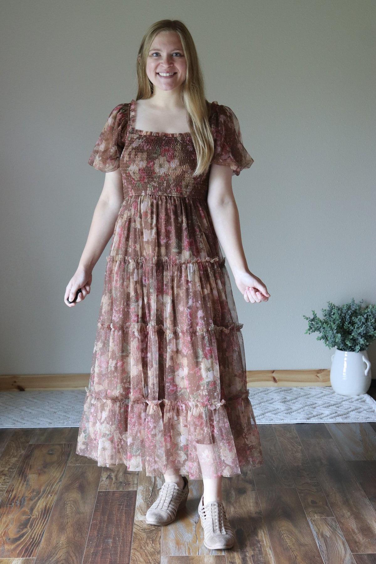Brown Floral Puff Sleeve Midi Dress