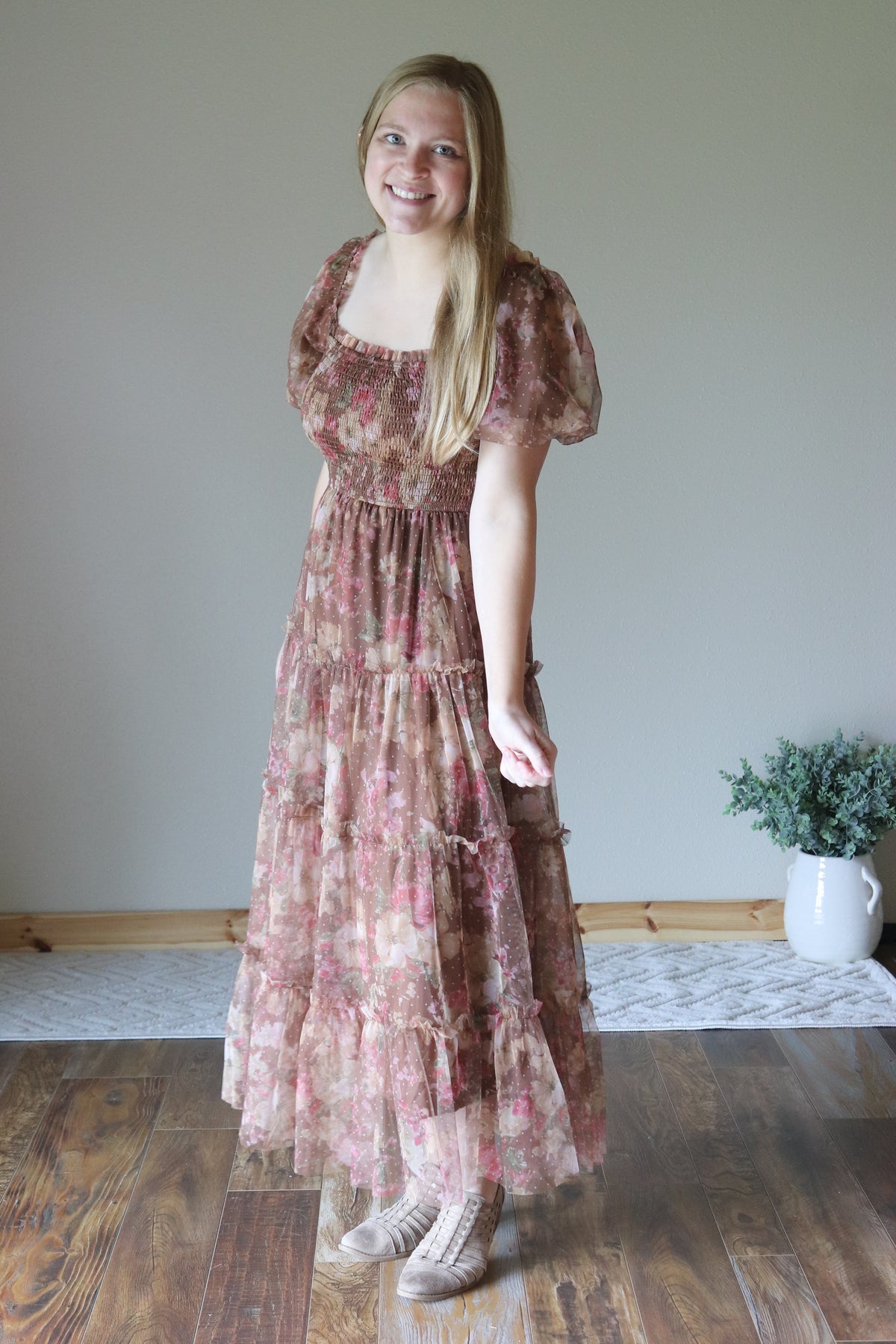 Brown Floral Puff Sleeve Midi Dress