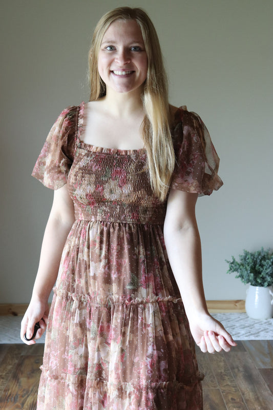 Brown Floral Puff Sleeve Midi Dress