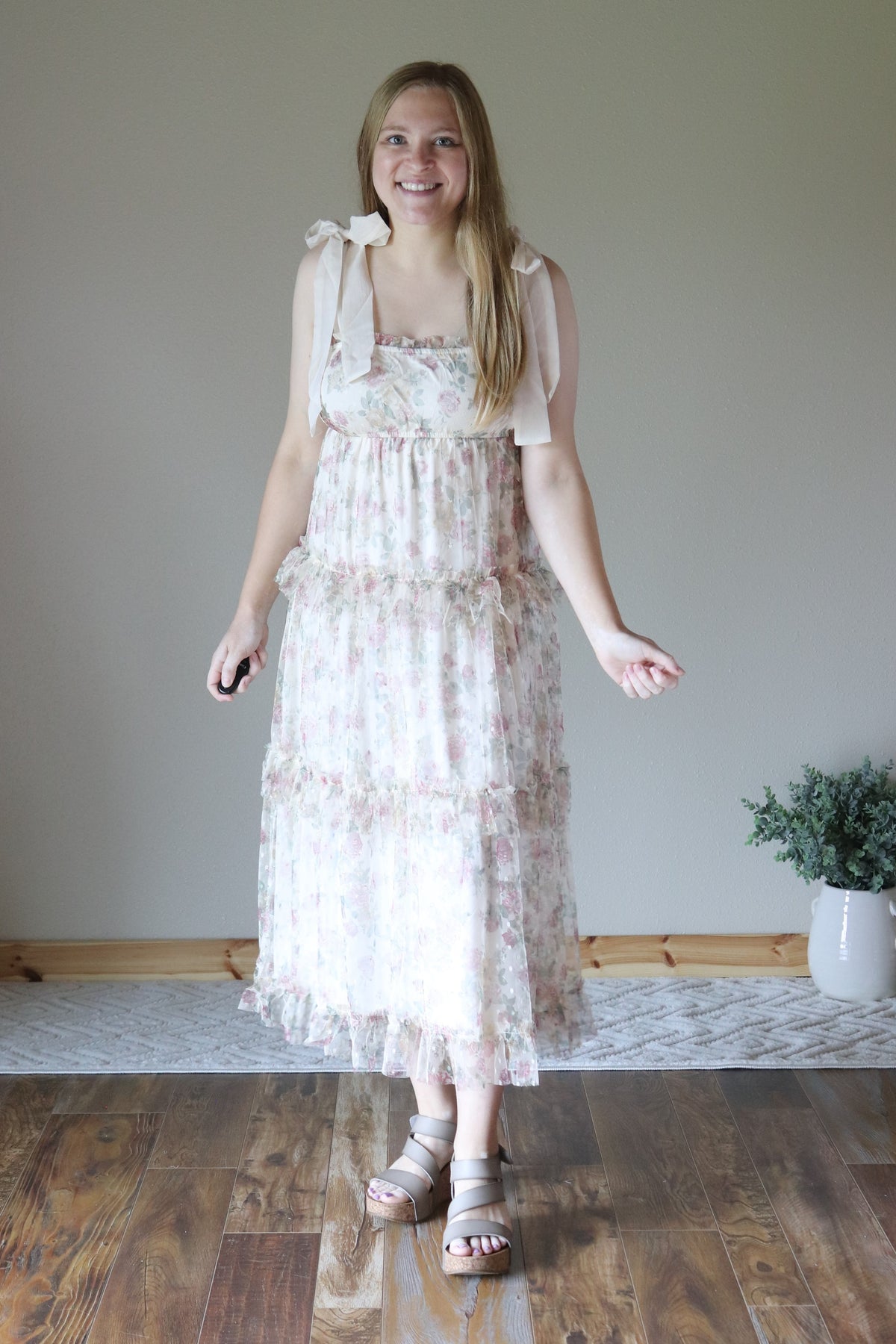 Cream Floral Midi Dress