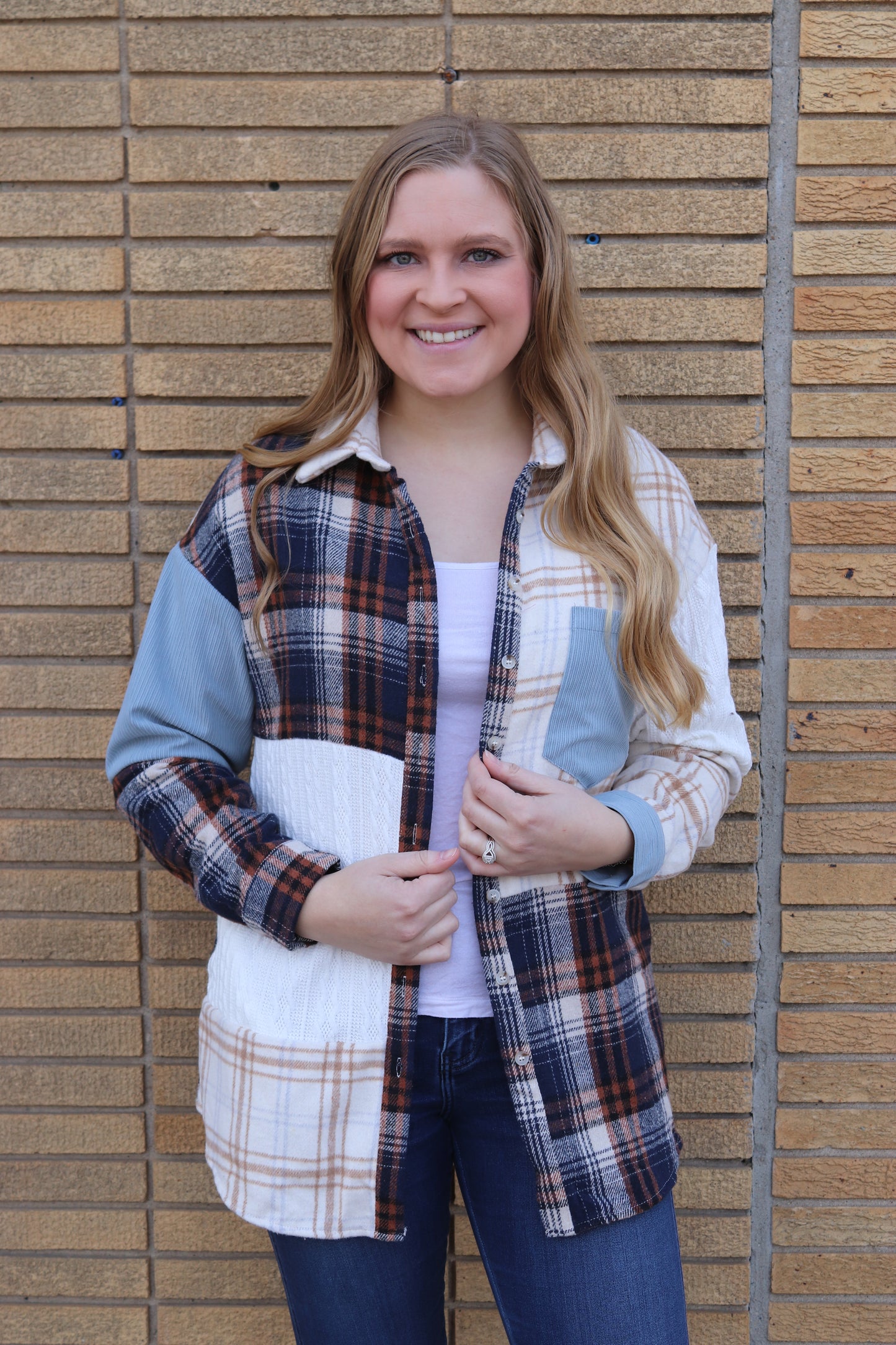 Blue Plaid Patchwork Button Up