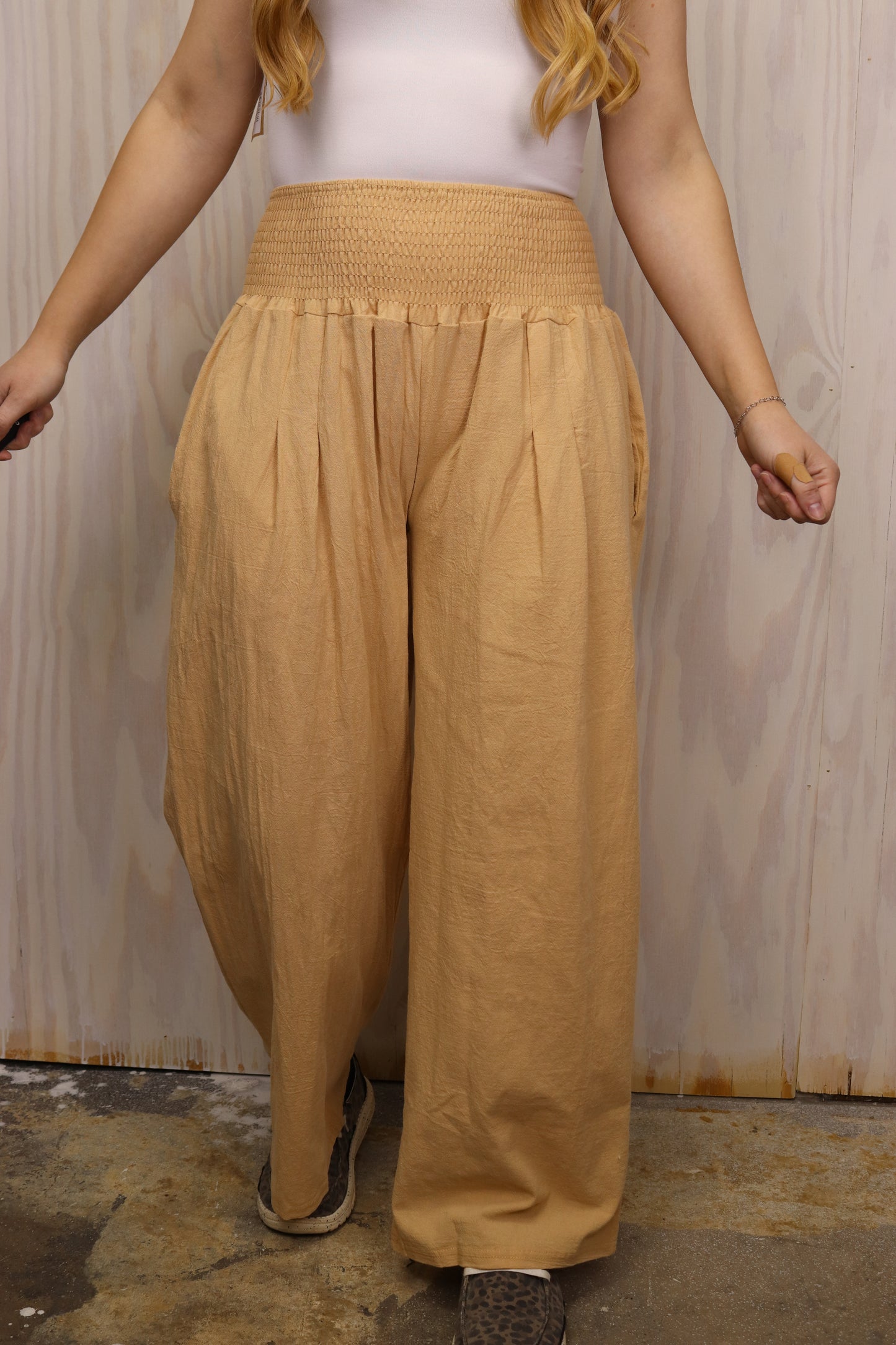 Khaki Smocked Wide Legs Pants