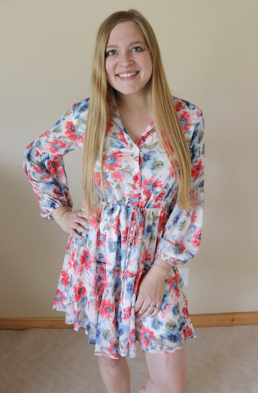 Red White and Blue Floral Long Sleeve Dress
