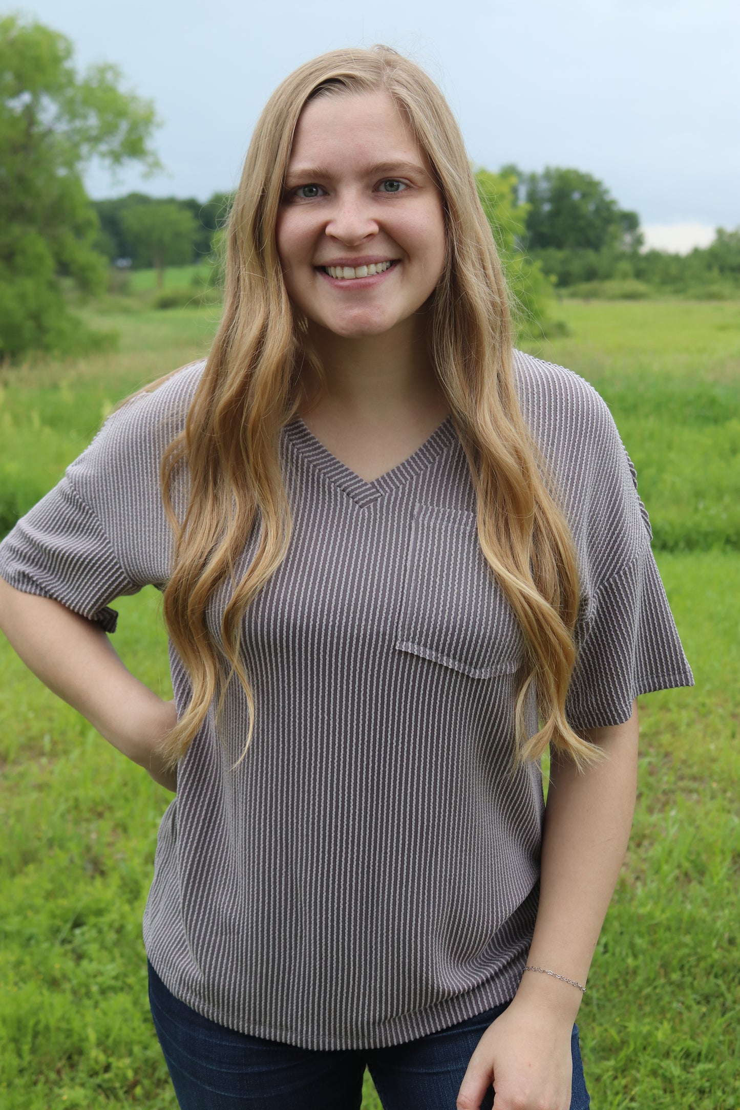 Gray Ribbed V-neck Tee