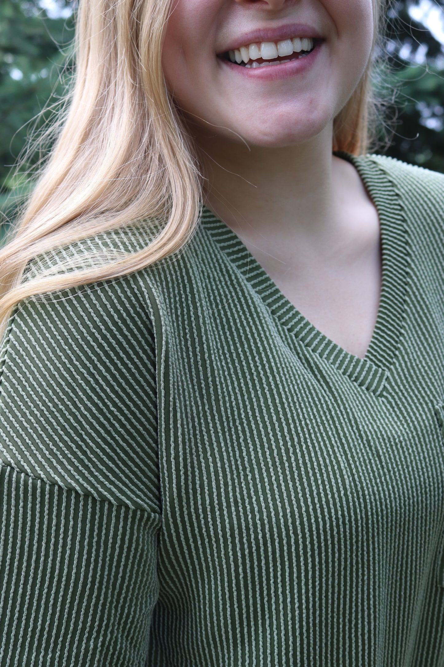 Olive Ribbed V-neck Tee