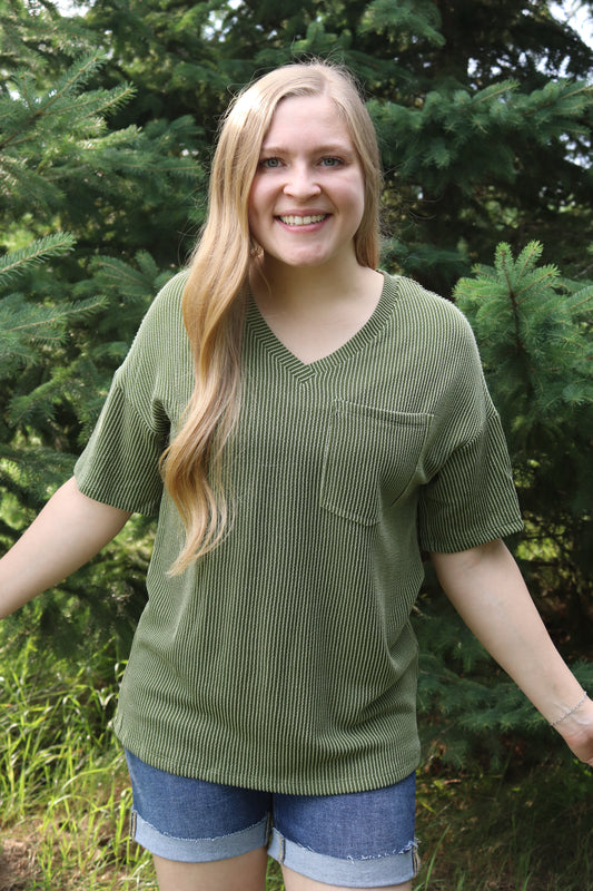 Olive Ribbed V-neck Tee