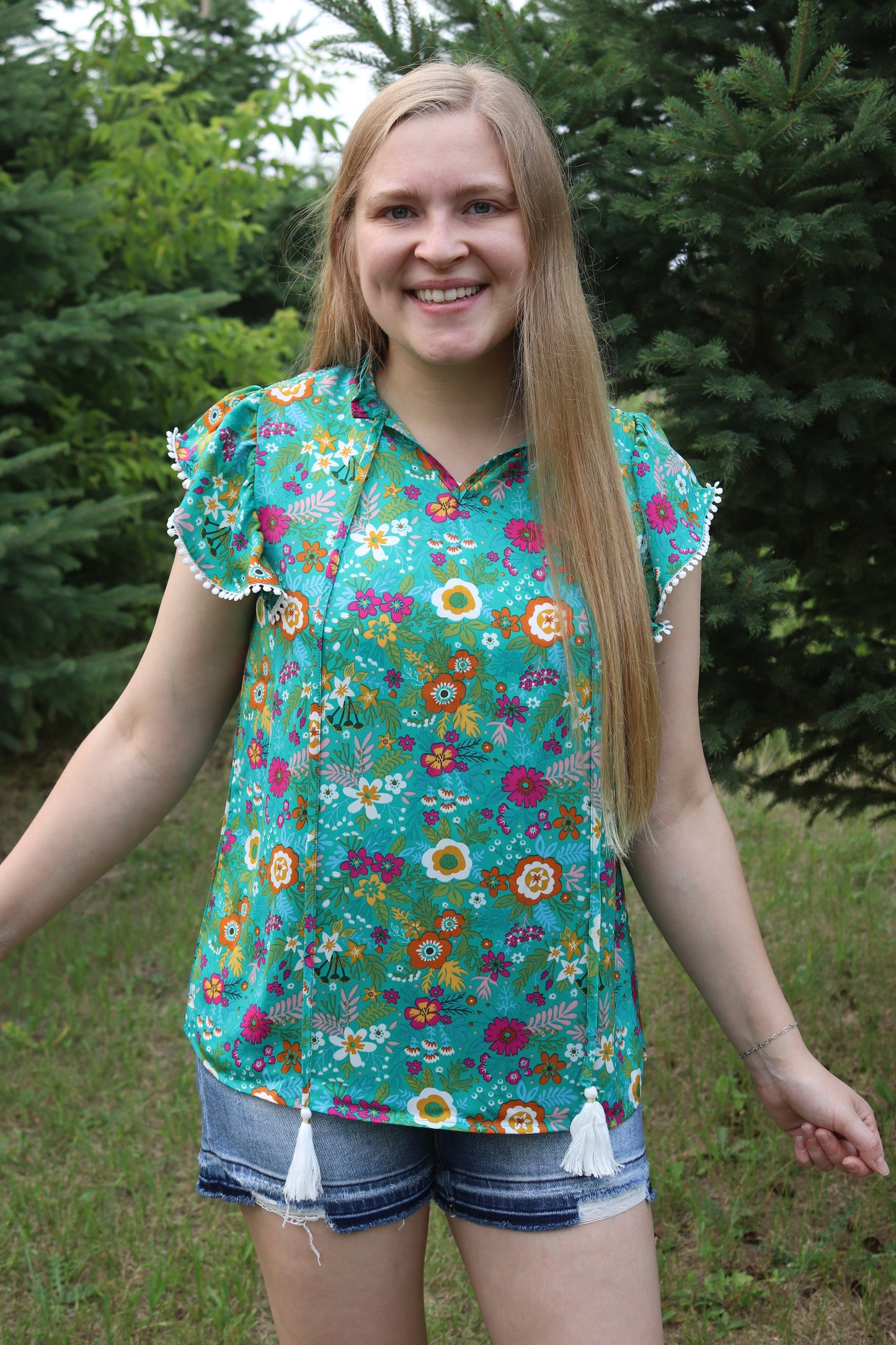 Green Floral Flutter Sleeve Blouse