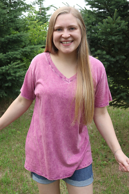 Plum Washed V-neck Tee