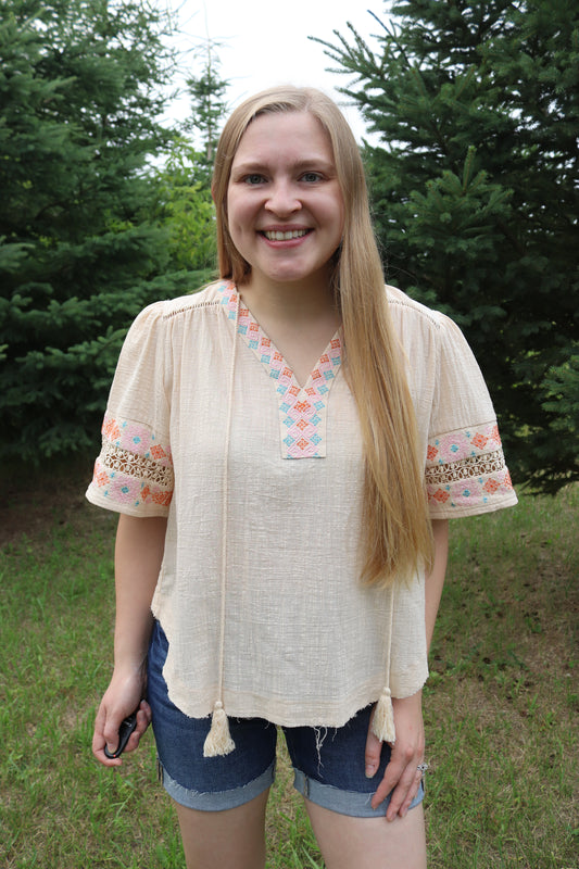 Cream Tassel Embroidered Top