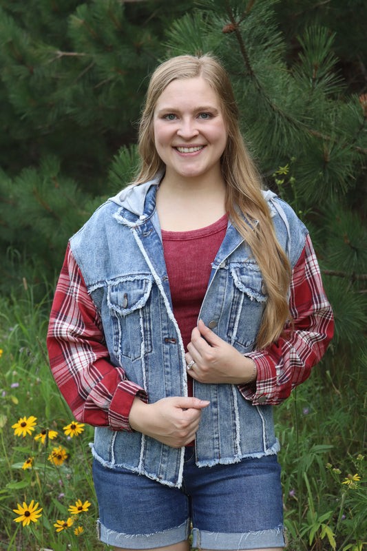 Red Plaid Patchwork Denim Jacket