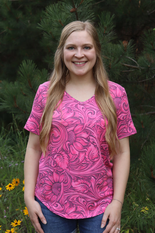 Pink Tooled Ribbed Top