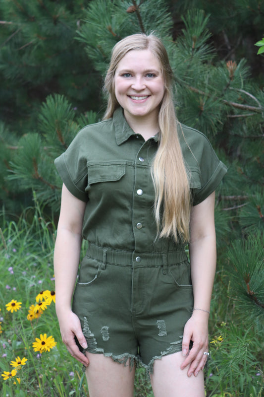 Olive Distressed Denim Romper